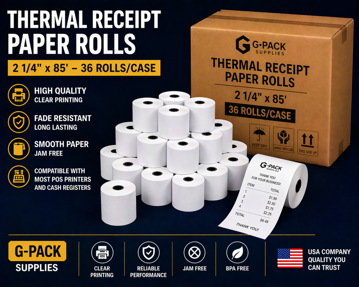 Thermal receipt paper rolls 2 1/4 x 85 POS credit card terminal paper BPA free wholesale Miami warehouse Gpack Supplies