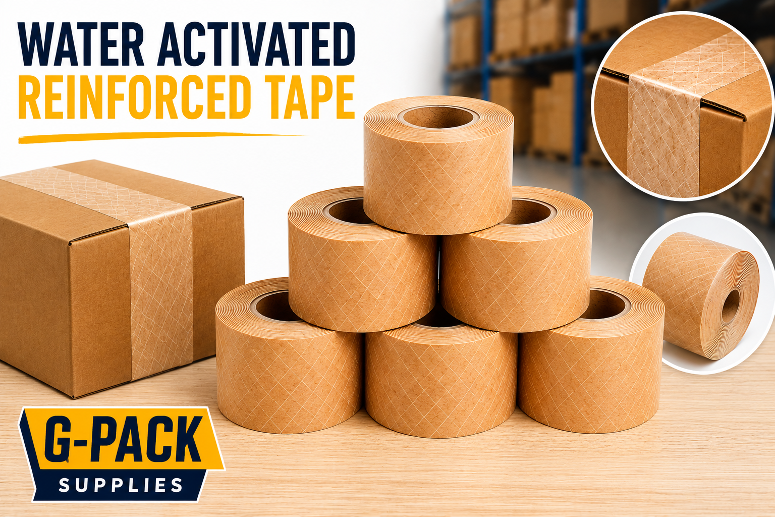 Water activated reinforced tape 3 inch x 500 feet 6 rolls case kraft carton sealing tape for heavy duty shipping Gpack Supplies Miami warehouse
