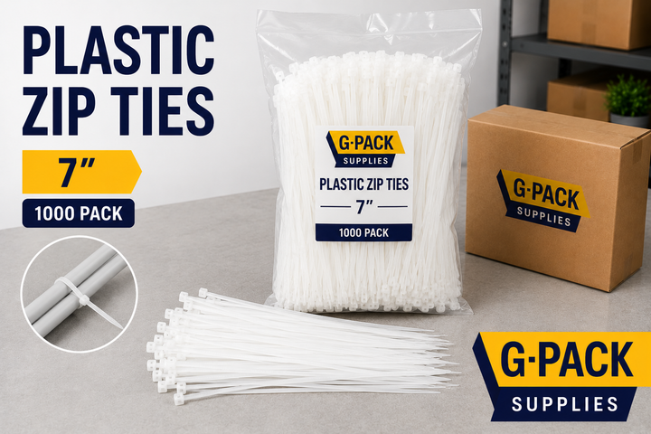White plastic zip ties 7 inch 1000 pack for cable management bundling and warehouse packaging use Gpack Supplies Miami warehouse
