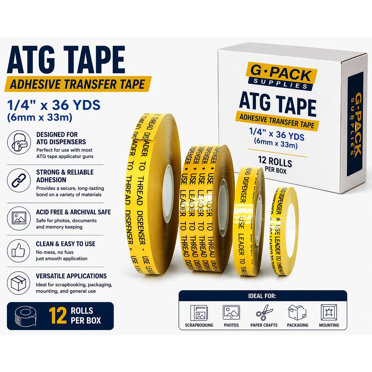 ATG Tape 1/4 Inch x 36 Yards – Adhesive Transfer Tape – Acid Free Double Sided – 12 Rolls Box | Gpack Supplies