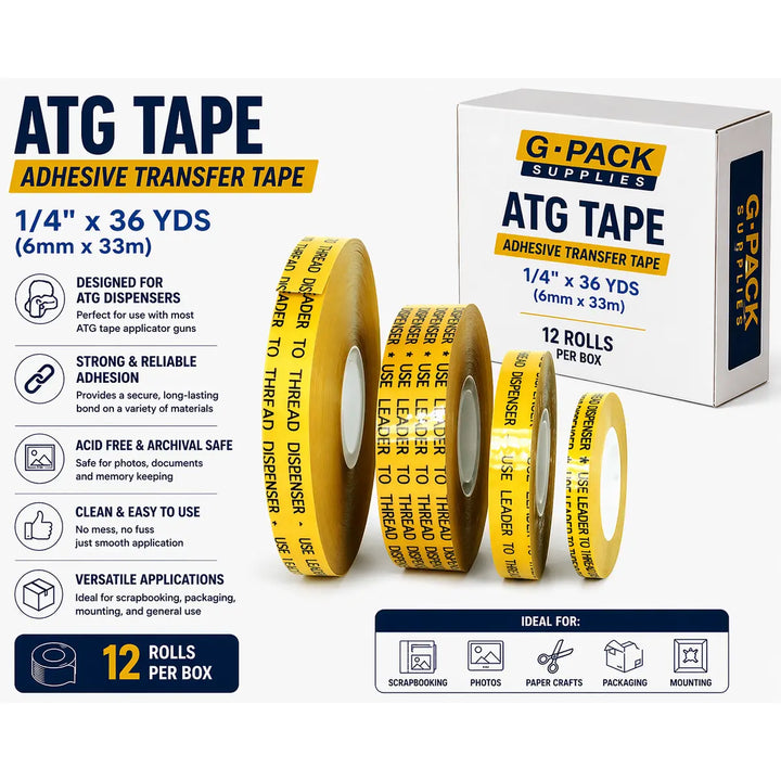 ATG Tape 1/4 Inch x 36 Yards – Adhesive Transfer Tape – Acid Free Double Sided – 12 Rolls Box | Gpack Supplies