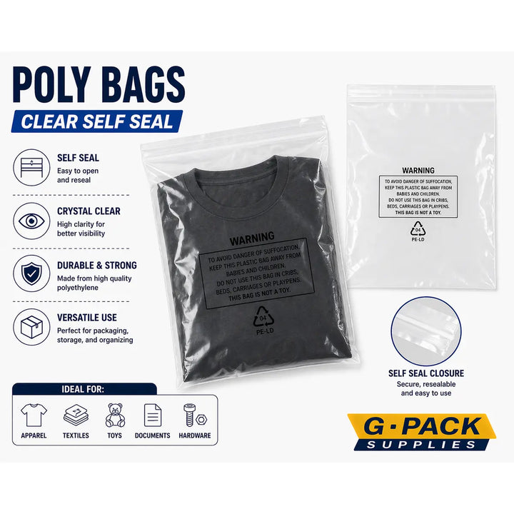 Poly Bags Clear Self Seal with Suffocation Warning 1.5mil | Gpack Supplies