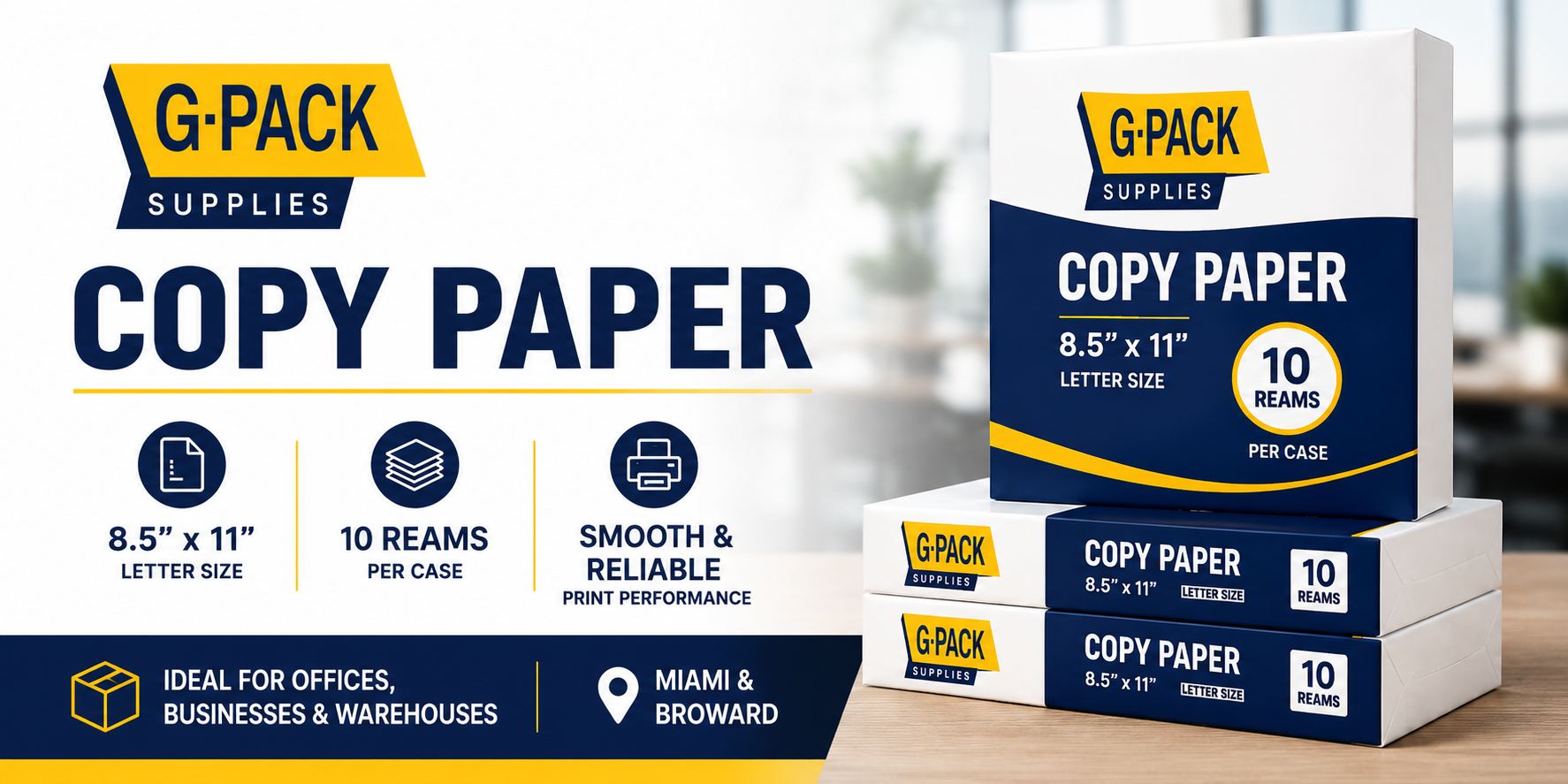 Copy paper 8.5 x 11 inches with 10 reams per case for office printing, warehouses, schools, and business operations in Miami.