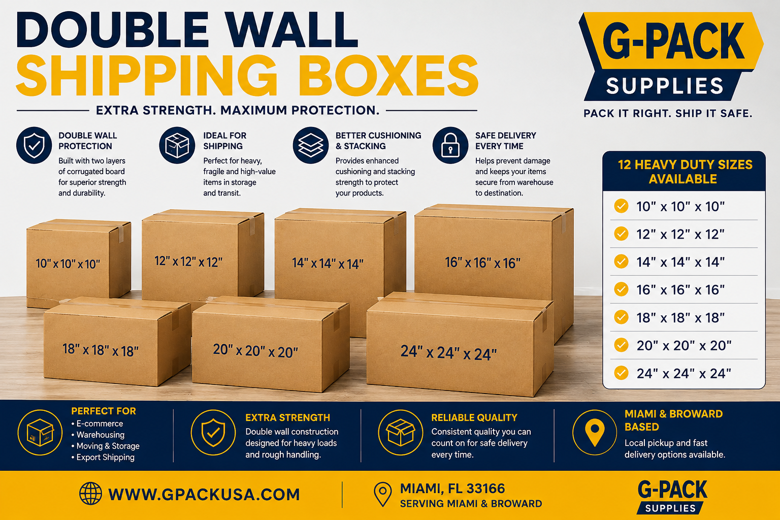 Double wall corrugated shipping boxes in 10x10x10, 12x12x12, 14x14x14, 16x16x16, 18x18x18, 20x20x20 and 24x24x24 sizes from Gpack Supplies in Miami