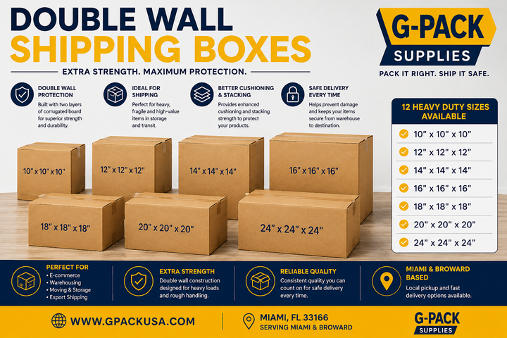 Double wall corrugated shipping boxes in 10x10x10, 12x12x12, 14x14x14, 16x16x16, 18x18x18, 20x20x20 and 24x24x24 sizes from Gpack Supplies in Miami