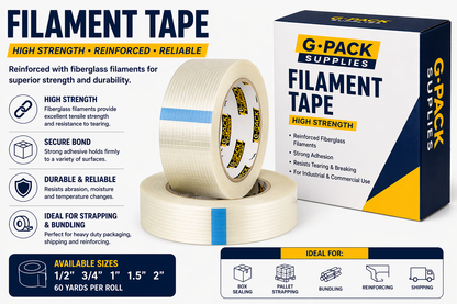 Filament tape 3/4 x 60 reinforced fiberglass strapping tape high strength packaging tape for bundling and palletizing wholesale Miami warehouse Gpack Supplies
