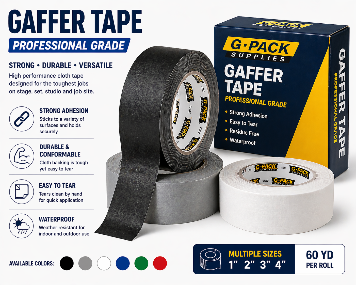 Gaffer tape matte cloth strong residue resistant professional grade tape for stage production and industrial use wholesale Miami warehouse Gpack Supplies
