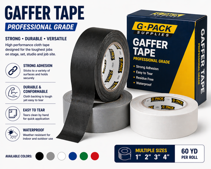 Gaffer tape matte cloth strong residue resistant professional grade tape for stage production and industrial use wholesale Miami warehouse Gpack Supplies
