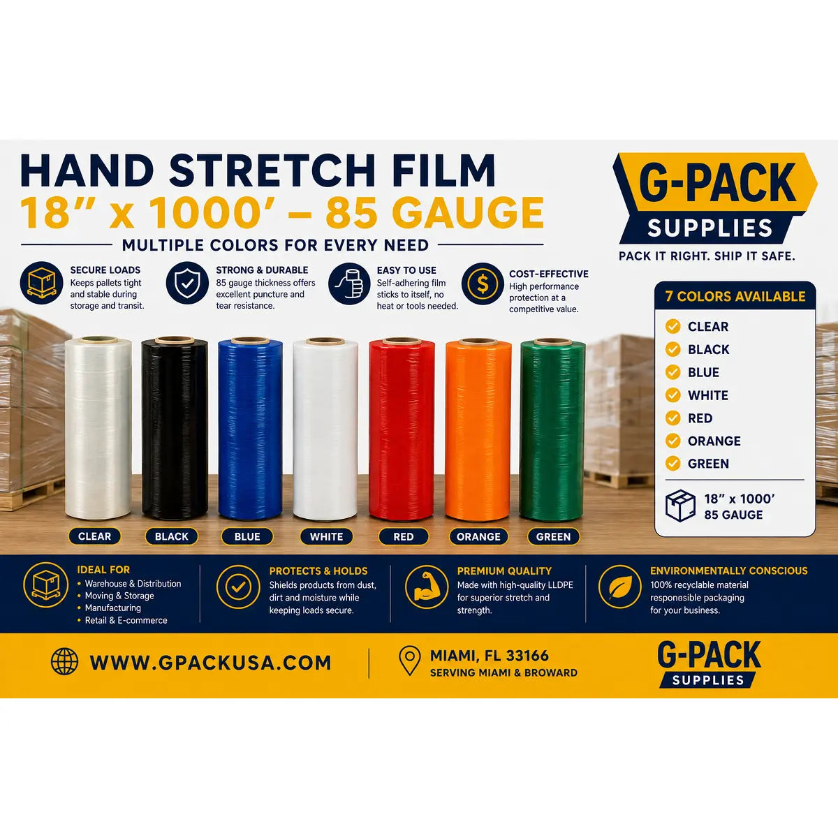 Hand Stretch Film 18 x 1000 – 85 Gauge | Multiple Colors | Gpack Supplies