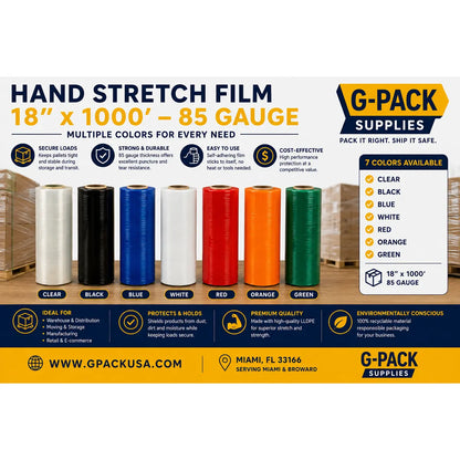 Hand Stretch Film 18 x 1000 – 85 Gauge | Multiple Colors | Gpack Supplies