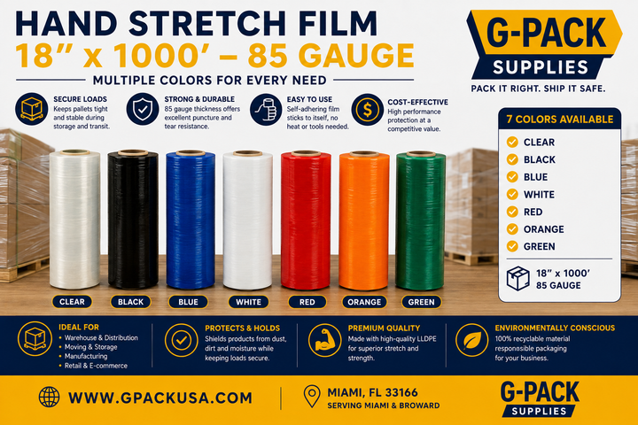 Hand stretch film 18 x 1000, 85 gauge, available in clear, black, blue, white, red, orange and green for pallet wrapping from Gpack Supplies in Miami