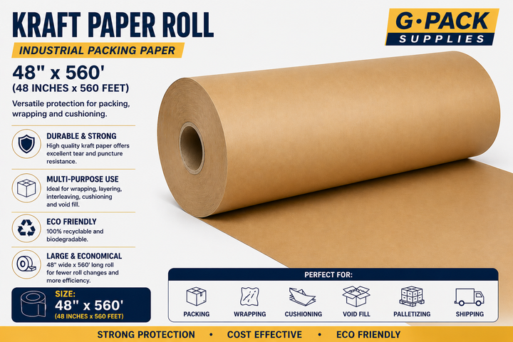 Kraft paper roll 48 inch x 560 feet industrial packing paper for wrapping cushioning and void fill wholesale Miami warehouse Gpack Supplies
