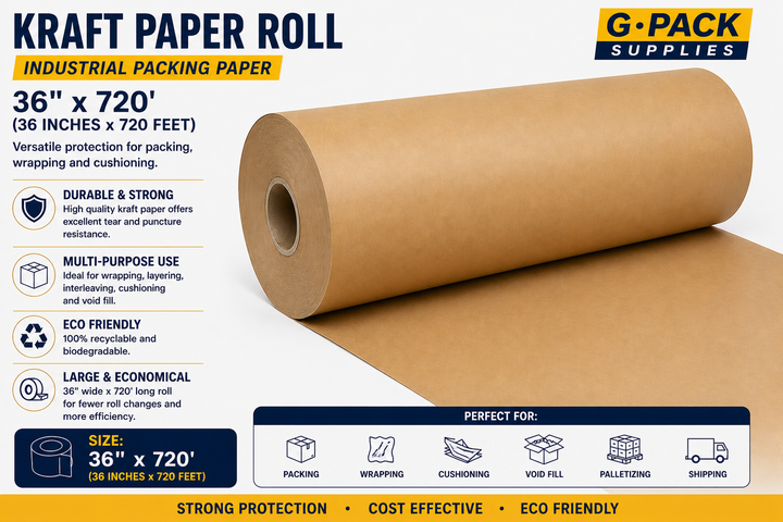 Kraft paper roll 36 inch x 720 feet industrial packing paper for wrapping cushioning and void fill wholesale Miami warehouse Gpack Supplies
