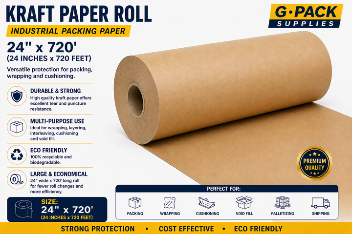 Kraft paper roll 24 inch x 720 feet industrial packing paper for wrapping cushioning and void fill wholesale Miami warehouse Gpack Supplies
