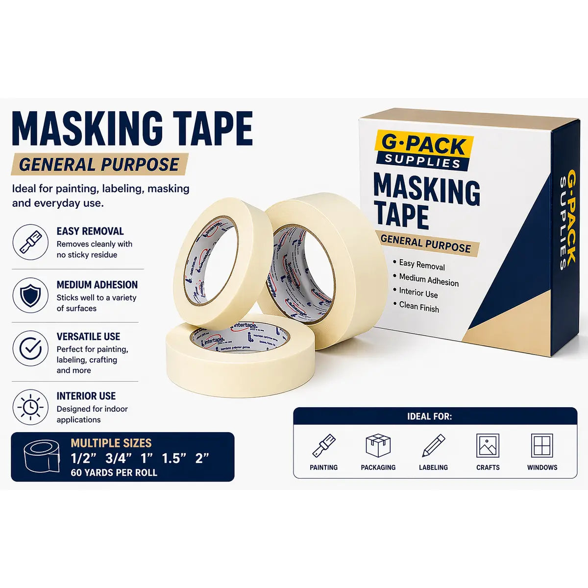 Masking Tape – 2 x 60 yd – General Purpose Masking Tape – 24 Rolls Case | Gpack Supplies