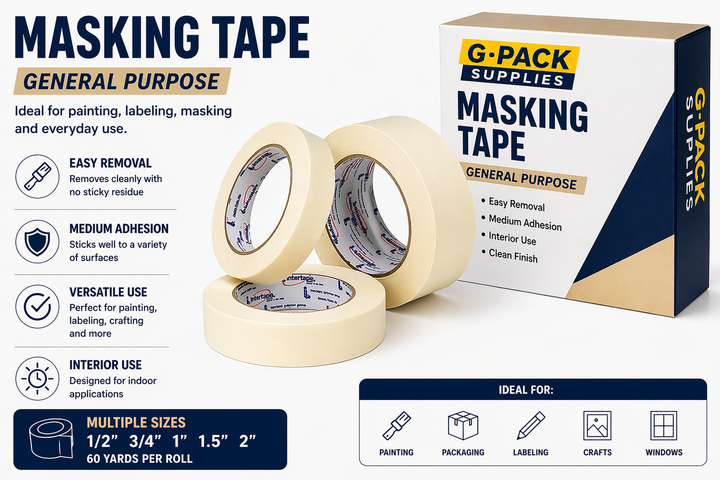 Masking tape 3x60 general purpose beige paper tape easy removal medium adhesion for painting and packaging wholesale Miami warehouse Gpack Supplies
