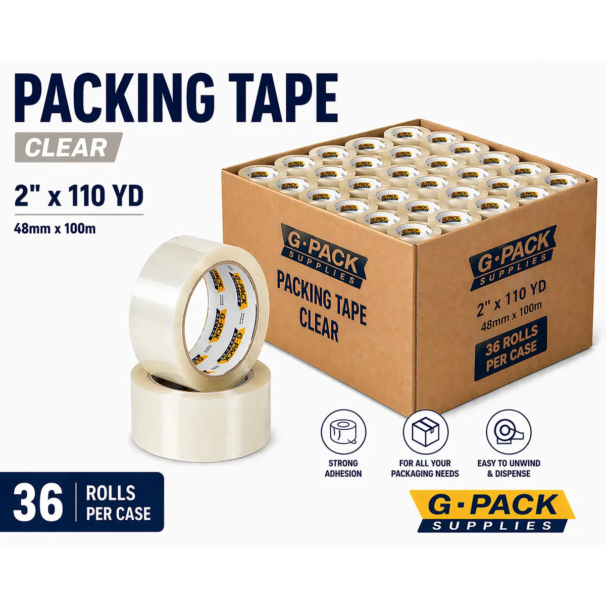 Clear Packing Tape 2 x 110 yd – 36 Rolls per Case (Acrylic Adhesive) | Gpack Supplies