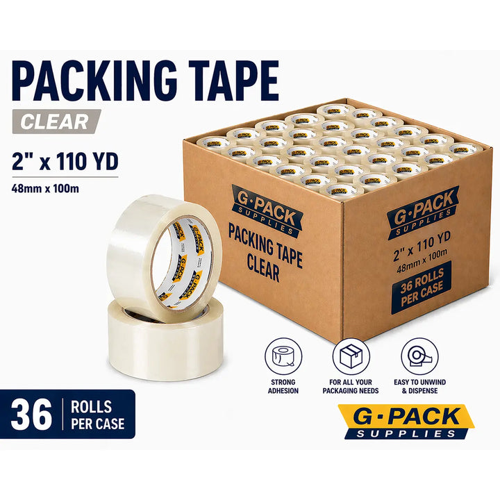 Clear Packing Tape 2 x 110 yd – 36 Rolls per Case (Acrylic Adhesive) | Gpack Supplies