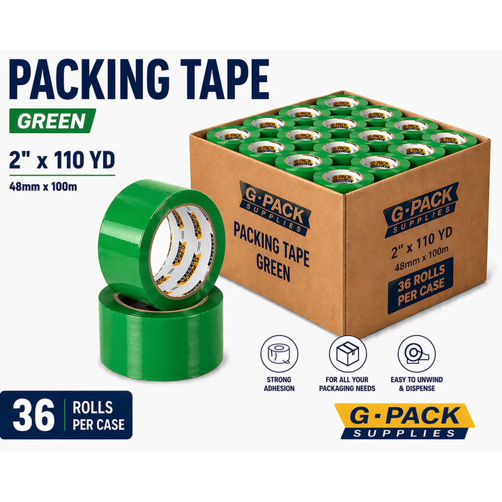 Green Packing Tape 2 x 110 yd – 36 Rolls per Case (Acrylic Adhesive) | Gpack Supplies