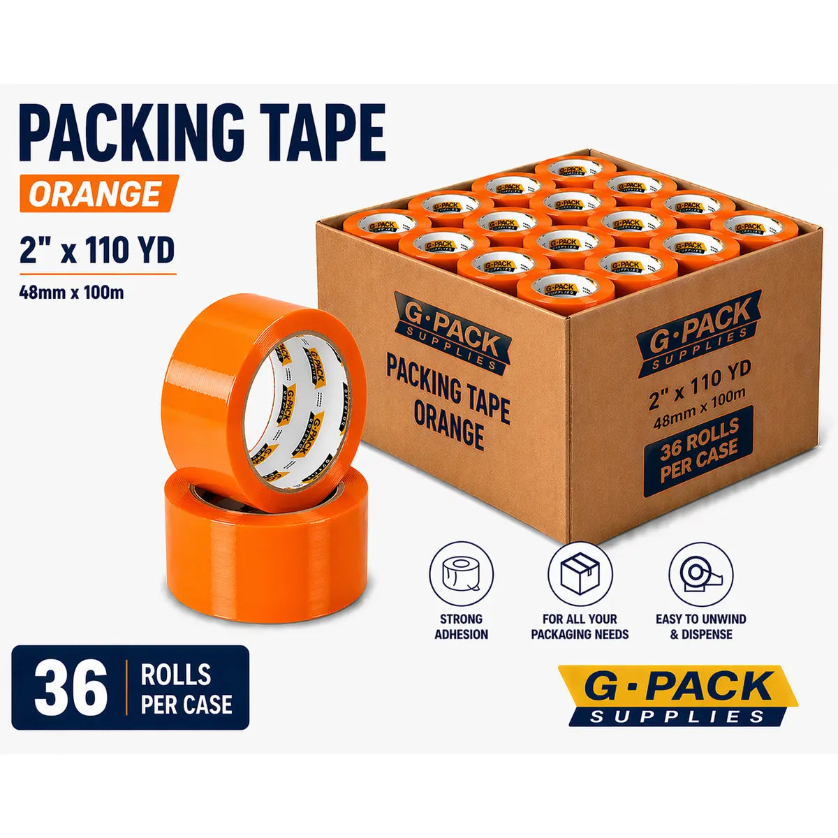 Orange Packing Tape 2 x 110 yd – 36 Rolls per Case (Acrylic Adhesive) | Gpack Supplies