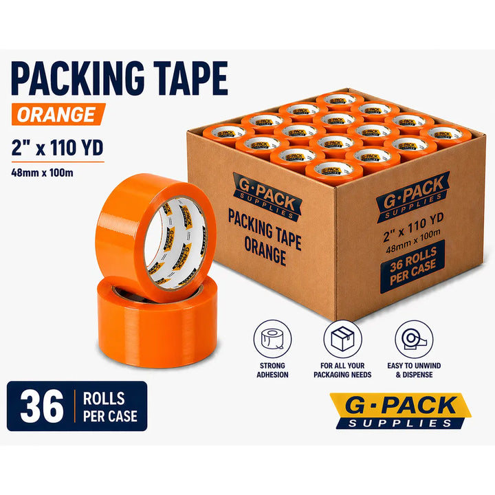 Orange Packing Tape 2 x 110 yd – 36 Rolls per Case (Acrylic Adhesive) | Gpack Supplies