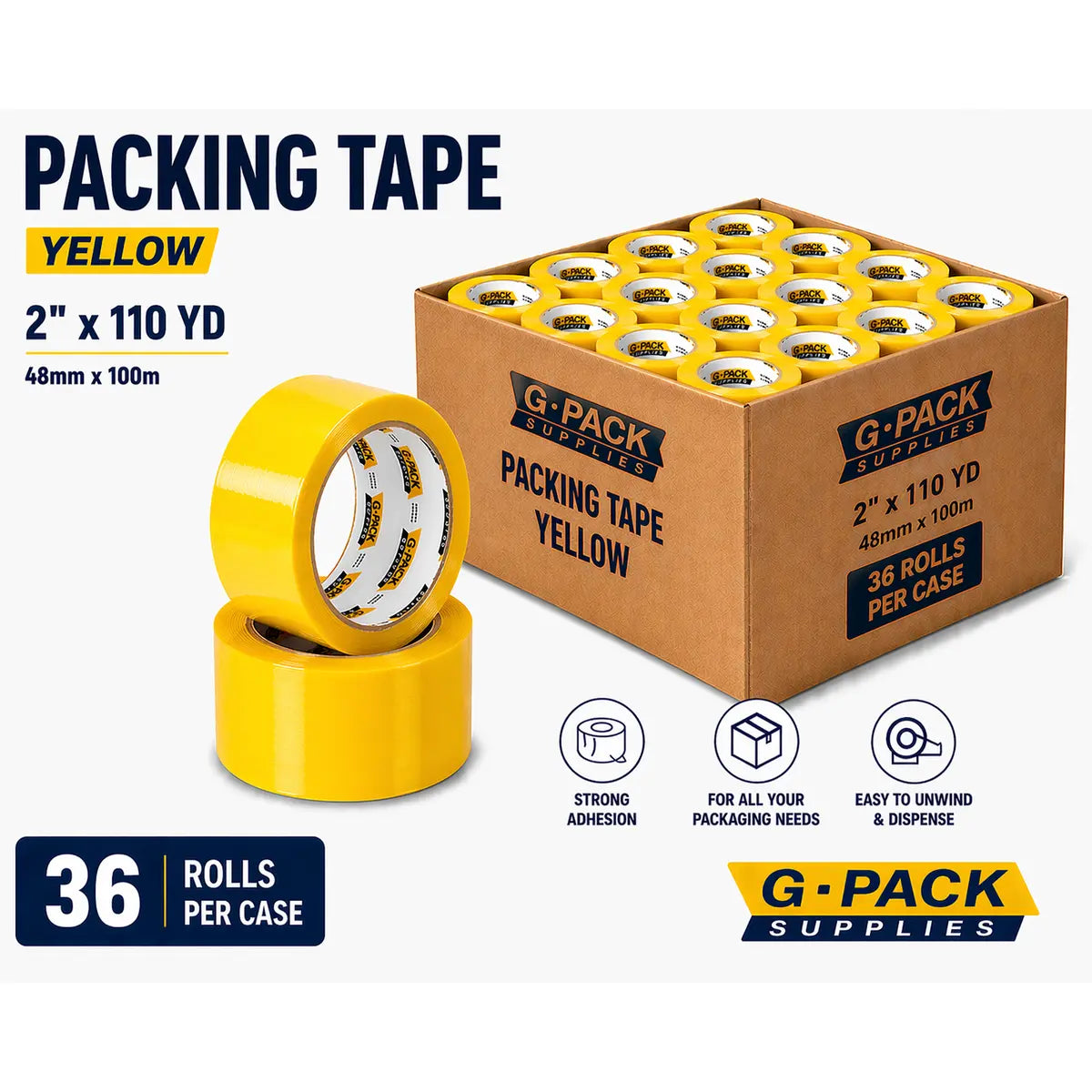 Yellow Packing Tape 2 x 110 yd – 36 Rolls per Case (Acrylic Adhesive) | Gpack Supplies