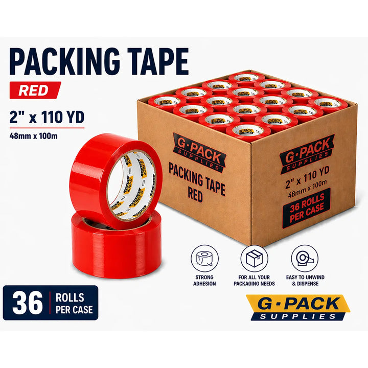 Red Packing Tape 2 x 110 yd – 36 Rolls per Case (Acrylic Adhesive) | Gpack Supplies