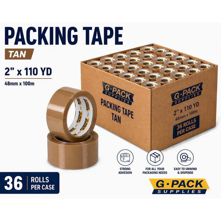 Tan (Brown) Packing Tape 2 x 110 yd – 36 Rolls per Case (Acrylic Adhesive) | Gpack Supplies