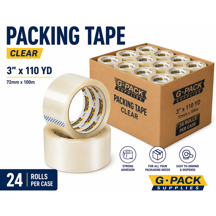 Clear Packing Tape 3 x 110 yd – 24 Rolls per Case (Acrylic Adhesive) | Gpack Supplies