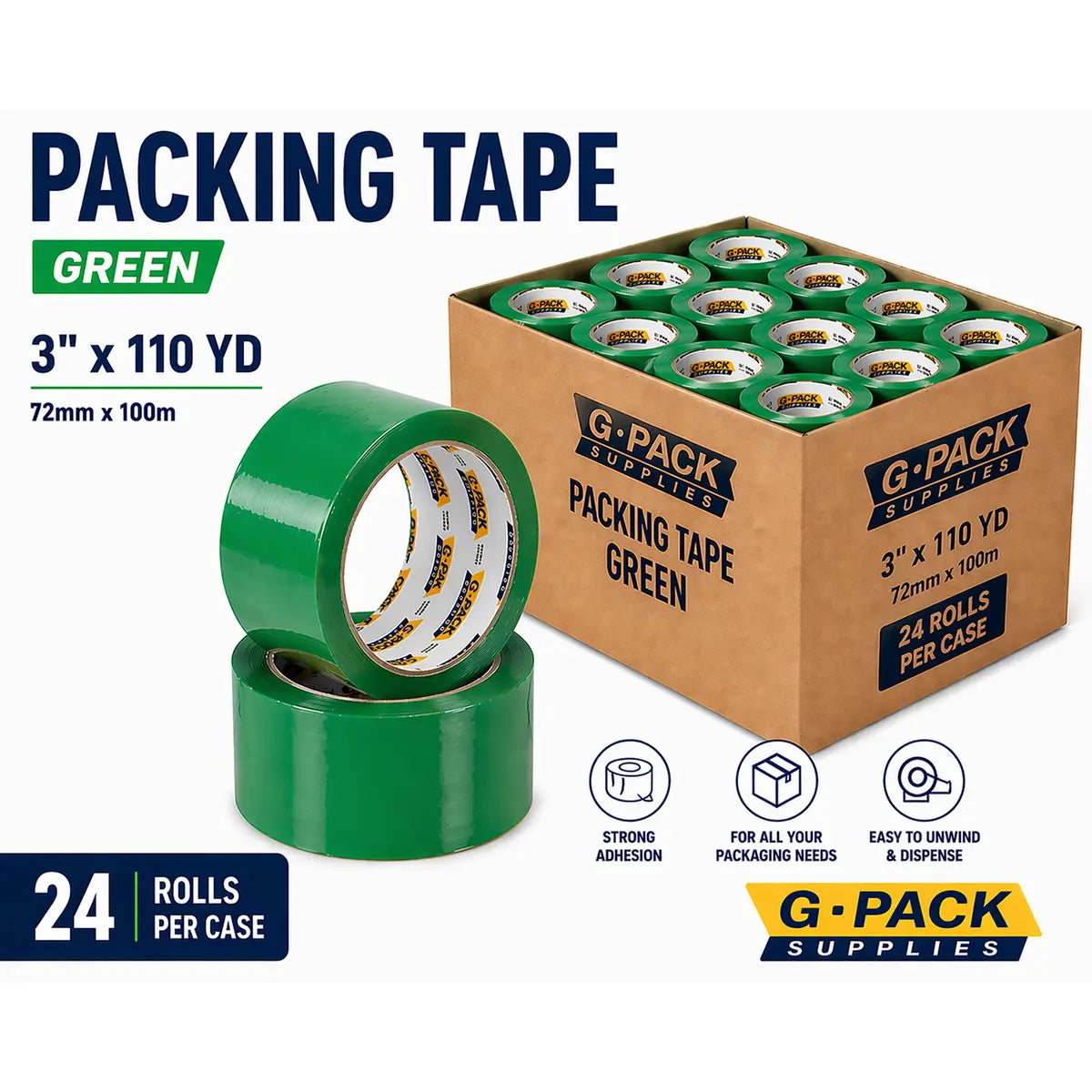 Green Packing Tape 3” x 110 yd – 24 Rolls per Case (Acrylic Adhesive) | Gpack Supplies