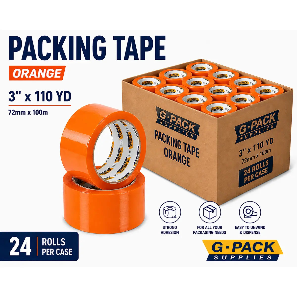 Orange Packing Tape 3” x 110 yd – 24 Rolls per Case (Acrylic Adhesive) | Gpack Supplies