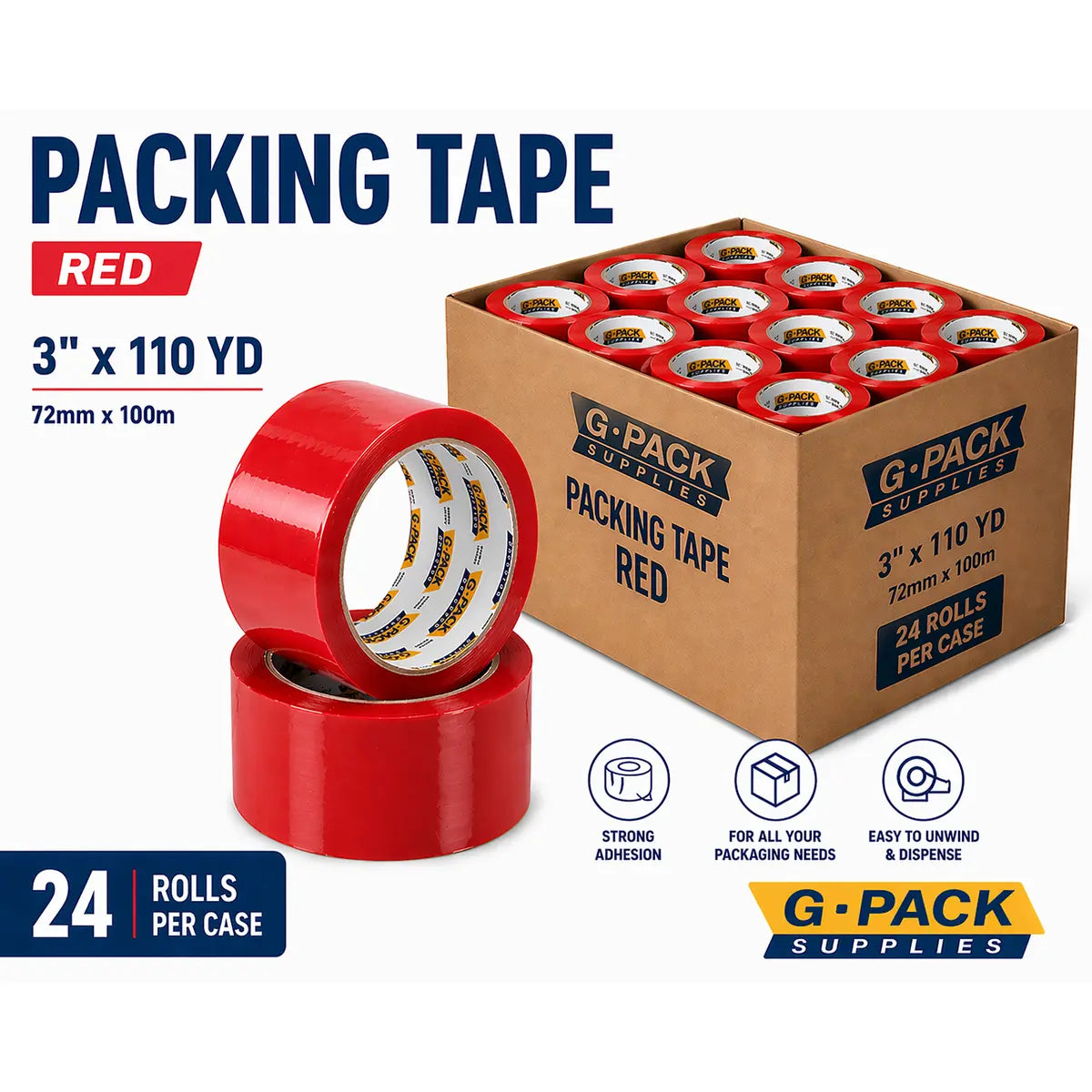 Red Packing Tape 3 x 110 yd – 24 Rolls per Case (Acrylic Adhesive) | Gpack Supplies