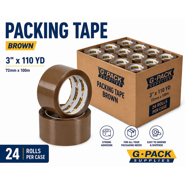 Tan (Brown) Packing Tape 3 x 110 yd – 24 Rolls per Case (Acrylic Adhesive) | Gpack Supplies