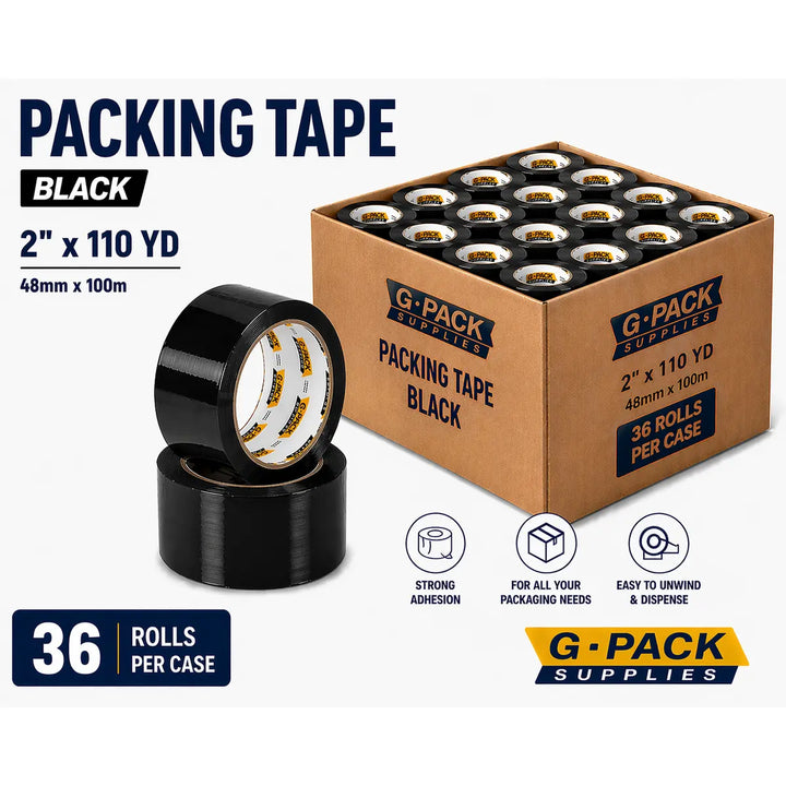Black Packing Tape 2 x 110 yd – 36 Rolls per Case (Acrylic Adhesive) | Gpack Supplies