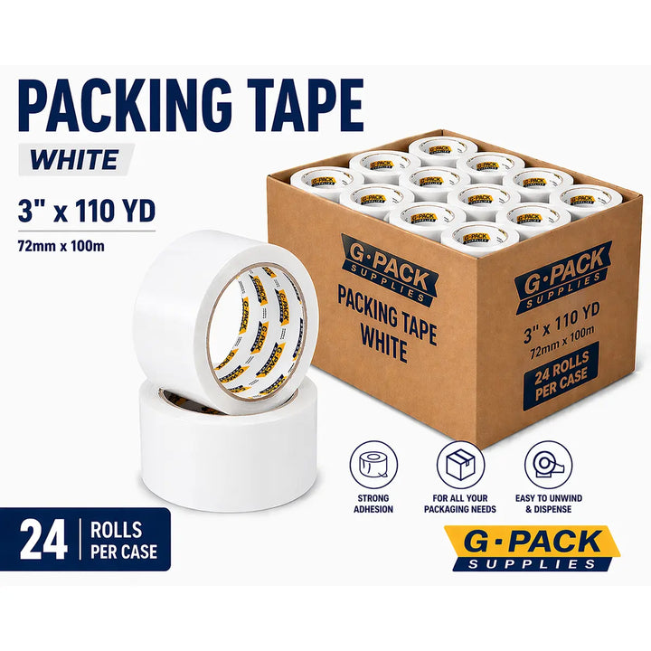 White Packing Tape 3 x 110 yd – 24 Rolls per Case (Acrylic Adhesive) | Gpack Supplies