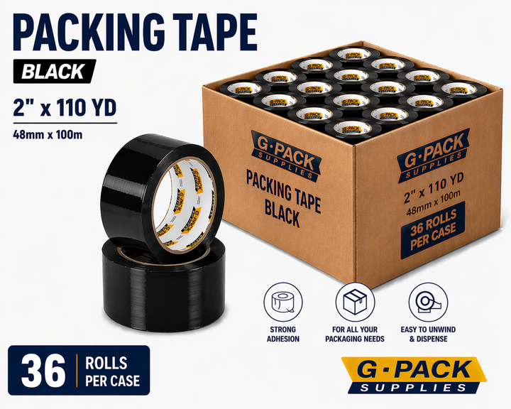 Packing tape black 2 inch x 110 yard 36 rolls per case carton sealing tape for shipping and packaging wholesale Miami warehouse Gpack Supplies
