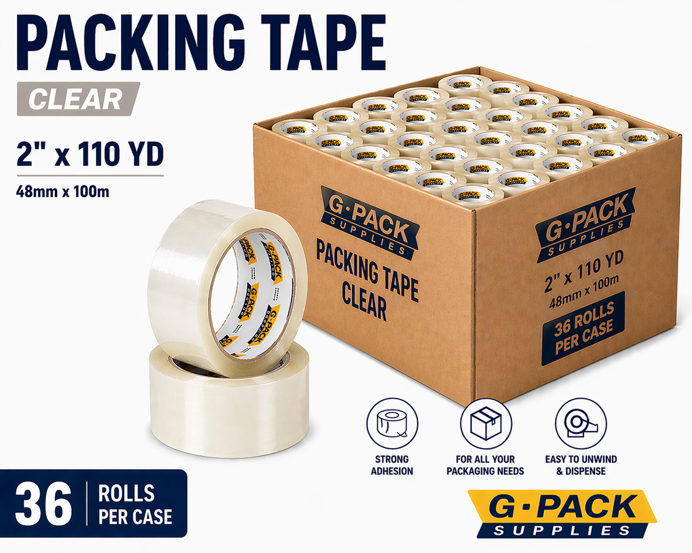 Packing tape clear 2 inch x 110 yard 36 rolls per case carton sealing tape for shipping and packaging wholesale Miami warehouse Gpack Supplies
