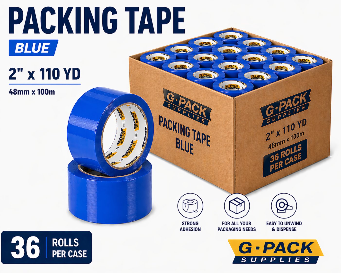 Packing tape blue 2 inch x 110 yard 36 rolls per case carton sealing tape for shipping and packaging wholesale Miami warehouse Gpack Supplies
