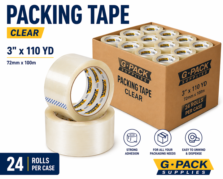 Packing tape clear 3 inch x 110 yard 24 rolls per case strong carton sealing tape wholesale Miami warehouse Gpack Supplies
