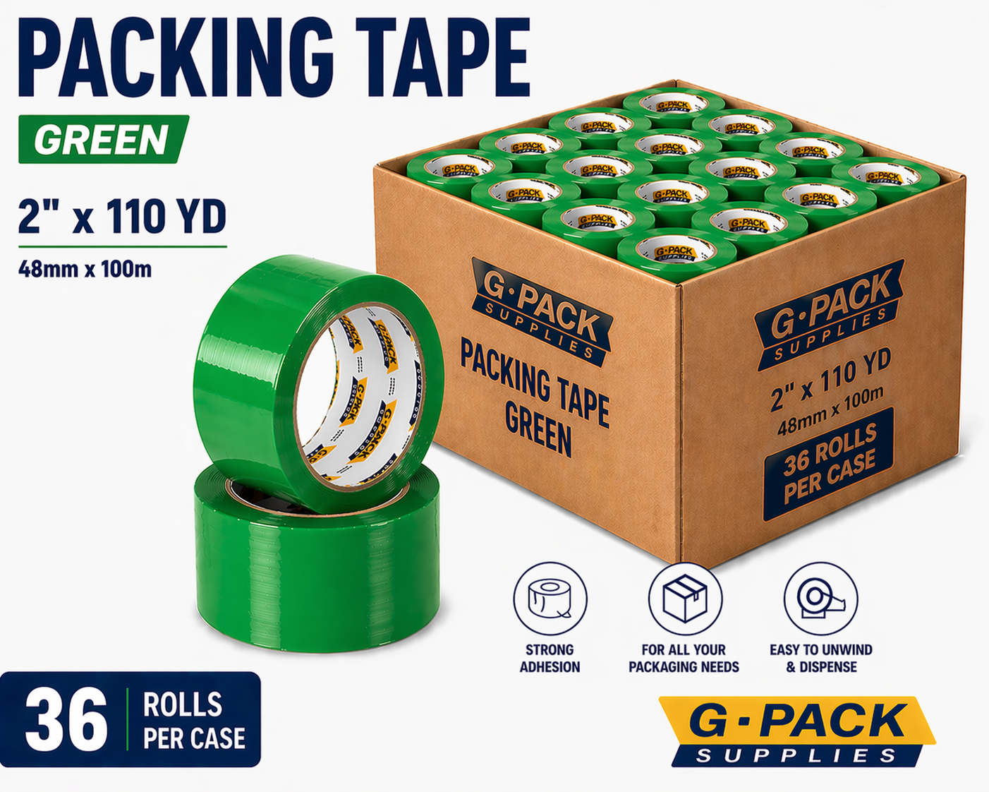 Packing tape green 2 inch x 110 yard 36 rolls per case carton sealing tape for shipping and packaging wholesale Miami warehouse Gpack Supplies
