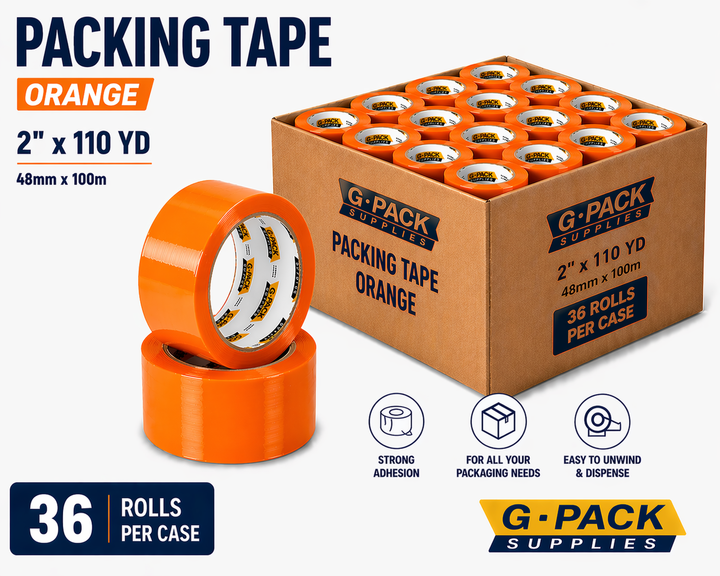 Packing tape orange 2 inch x 110 yard 36 rolls per case carton sealing tape for shipping and packaging wholesale Miami warehouse Gpack Supplies
