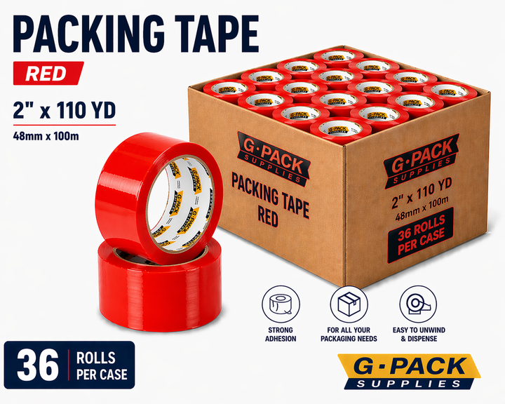 Packing tape red 2 inch x 110 yard 36 rolls per case carton sealing tape for shipping and packaging wholesale Miami warehouse Gpack Supplies
