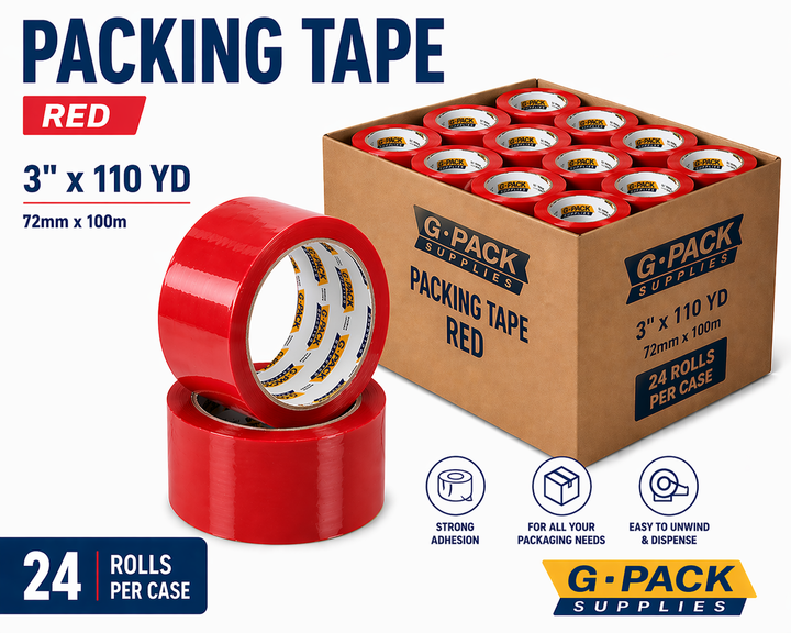 Packing tape red 3 inch x 110 yard 24 rolls per case strong carton sealing tape wholesale Miami warehouse Gpack Supplies
