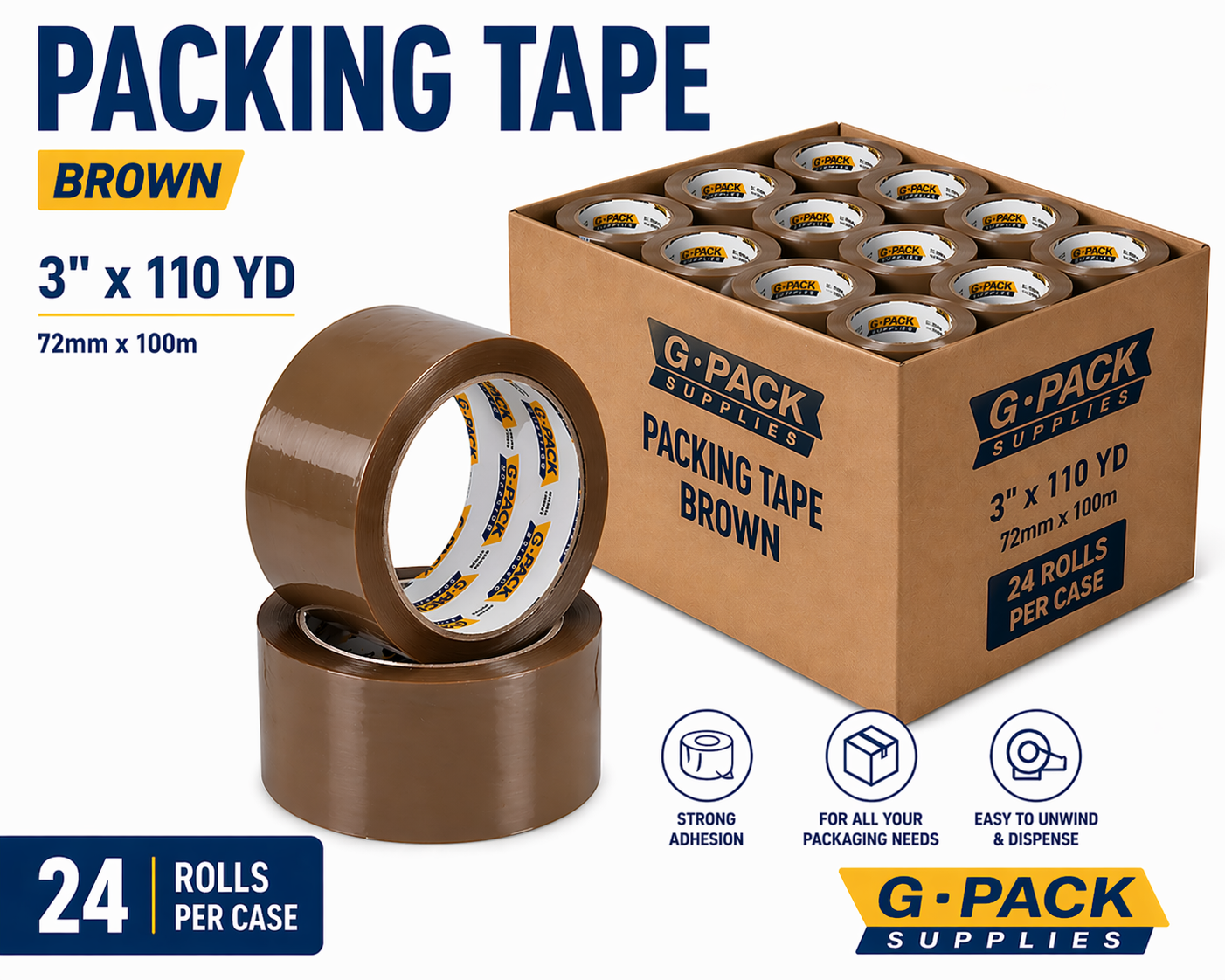 Packing tape brown 3 inch x 110 yard 24 rolls per case strong carton sealing tape wholesale Miami warehouse Gpack Supplies
