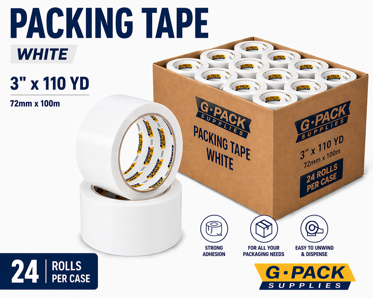 Packing tape white 3 inch x 110 yard 24 rolls per case carton sealing tape for packaging and shipping wholesale Miami warehouse Gpack Supplies
