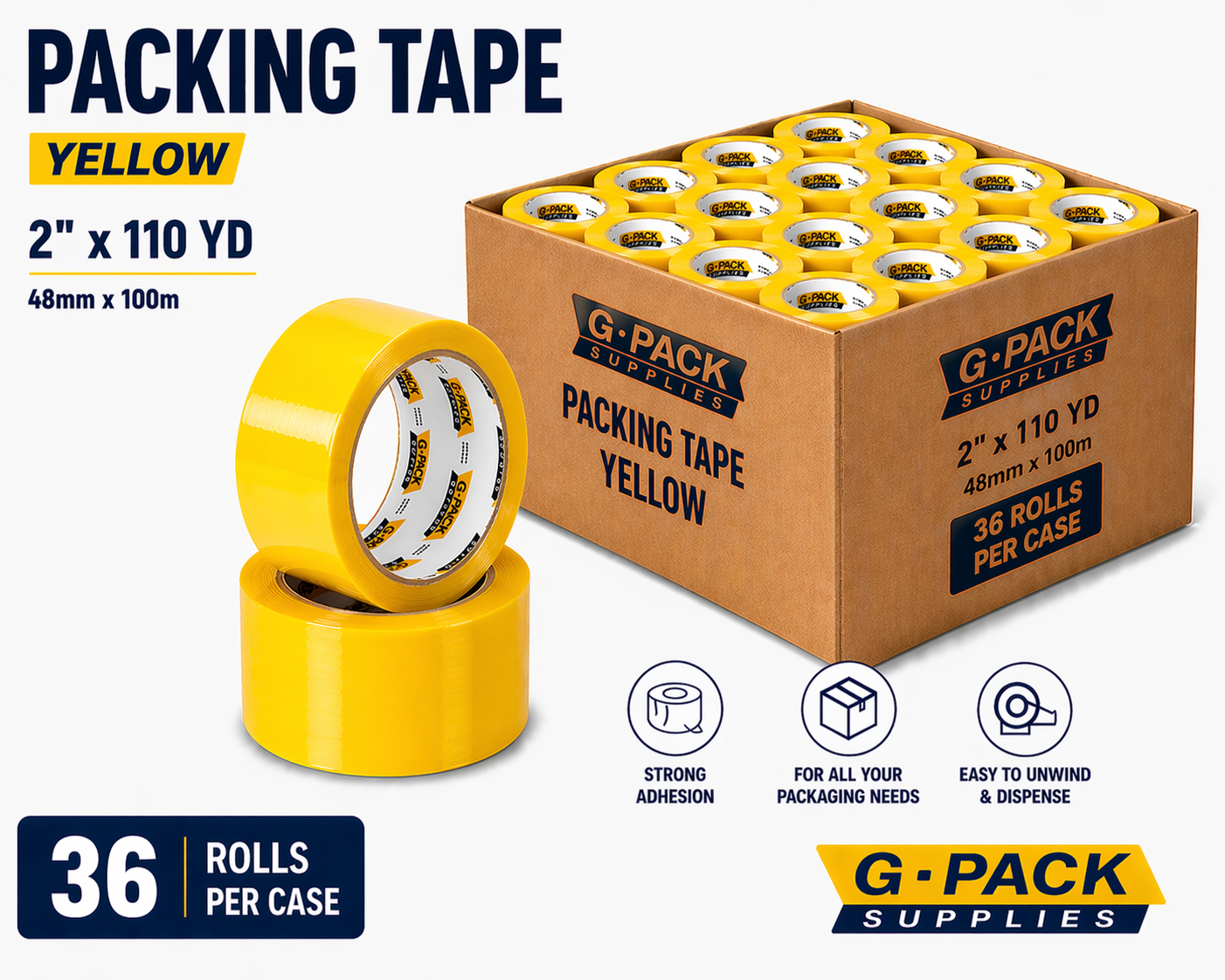 Packing tape yellow 2 inch x 110 yard 36 rolls per case carton sealing tape for shipping and packaging wholesale Miami warehouse Gpack Supplies
