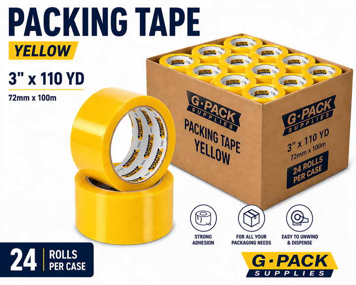 Packing tape yellow 3 inch x 110 yard 24 rolls per case carton sealing tape for packaging and shipping wholesale Miami warehouse Gpack Supplies
