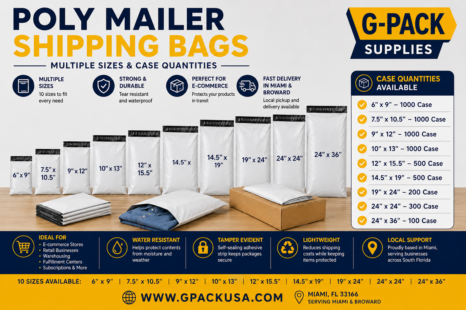 Poly mailer shipping bags in 6x9, 7.5x10.5, 9x12, 10x13, 12x15.5, 14.5x19, 19x24, 24x24 and 24x36 sizes with case quantities from Gpack Supplies in Miami