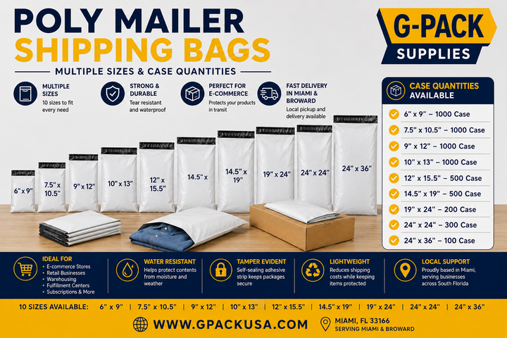 Poly mailer shipping bags in 6x9, 7.5x10.5, 9x12, 10x13, 12x15.5, 14.5x19, 19x24, 24x24 and 24x36 sizes with case quantities from Gpack Supplies in Miami