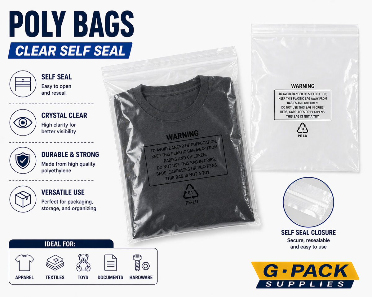 Clear poly bags 12x17 self seal with suffocation warning printed LDPE plastic packaging bags for apparel storage and shipping wholesale Miami warehouse Gpack Supplies
